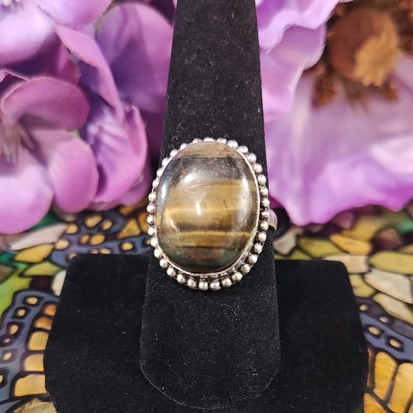 Tiger's Eye 925 Silver Gemstone Ring - Size 9 1/4 - Picture 1 of 8